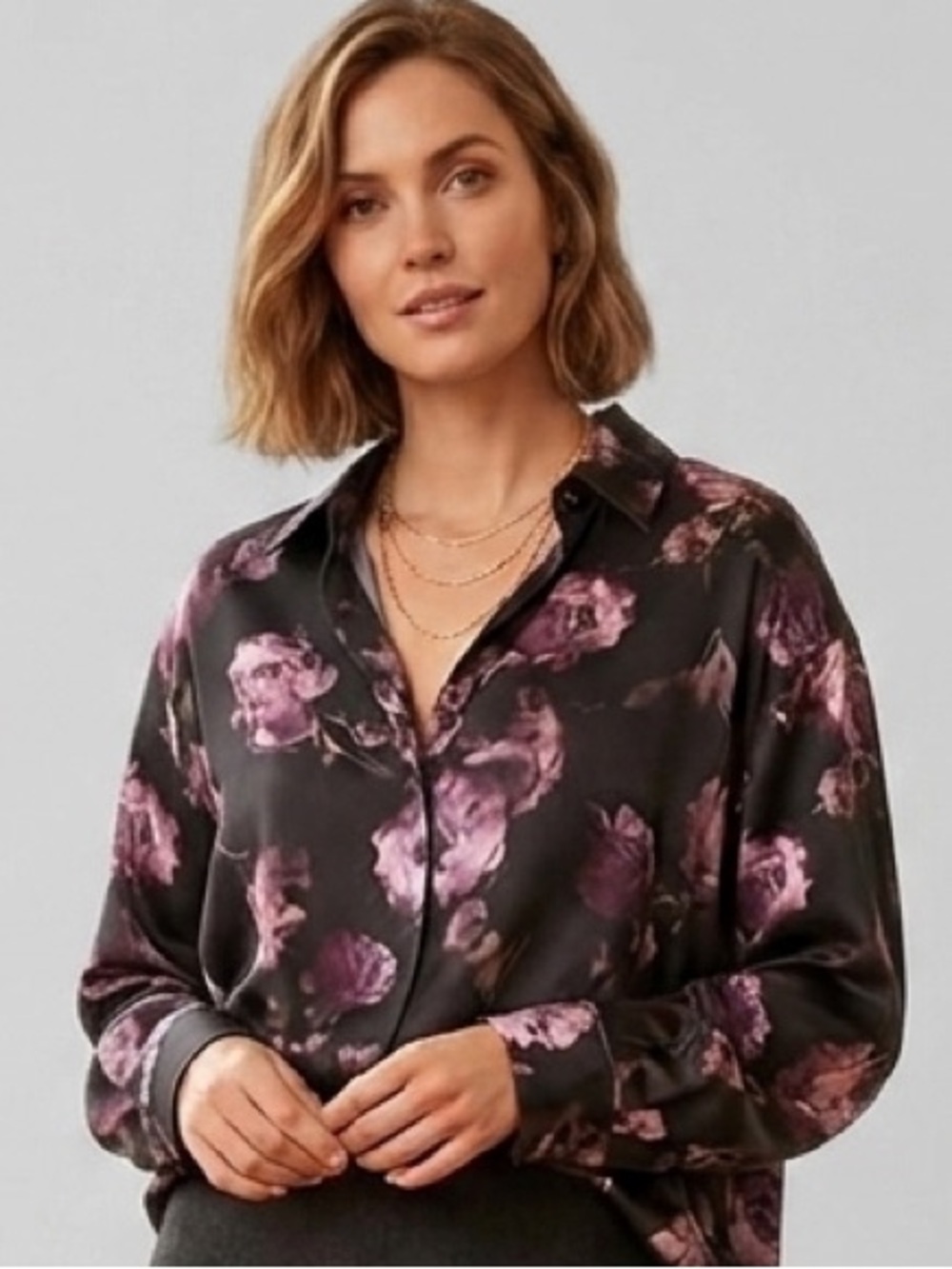 Vince Black Satin Button-Down Blouse with Pink Floral Print Size M